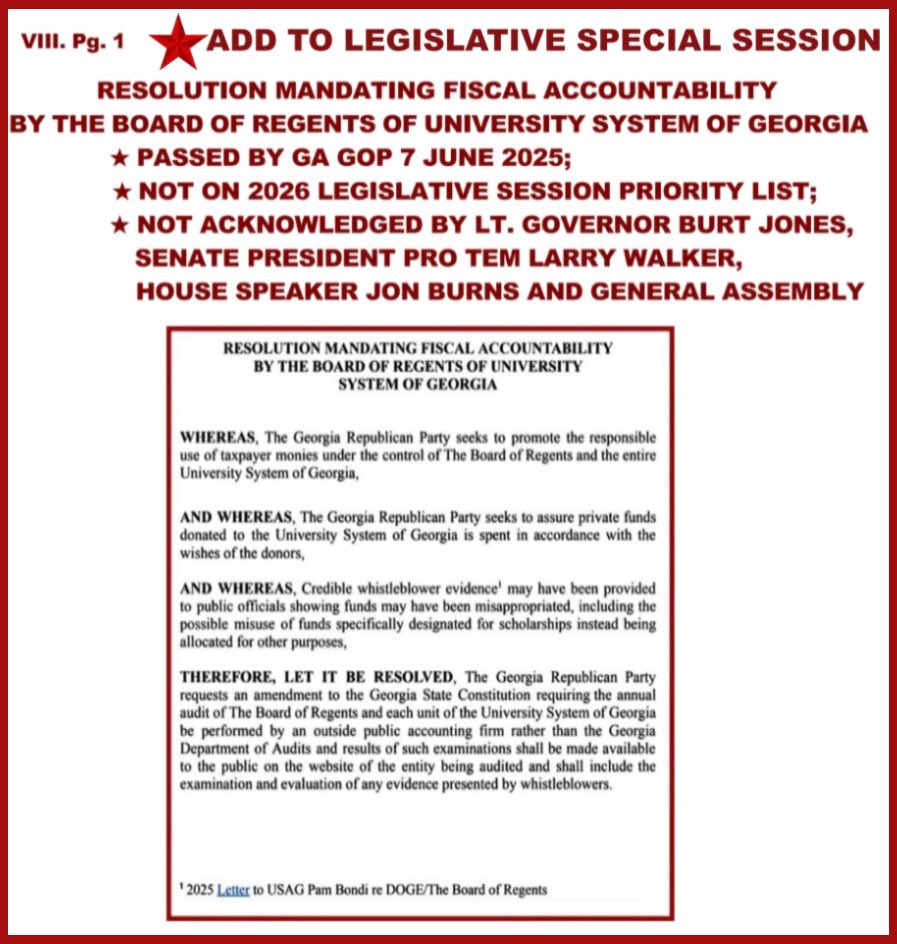 DeniseSorkness's tweet photo. @burtjonesforga @dkg453 @DolezalForGA @RickJacksonGA @POTUS  URGENT/IGNORED “RESOLUTION Mandating Fiscal Accountability by The Board of Regents of USG” - PASSED by GA GOP 7 June 2025 - REPORTED to President Trump’s FISCAL FRAUD TASK FORCE.🙏🏻
★ FISCAL FRAUD TASK FORCE INVESTIGATION REQUEST
https://t.co/9i6UKaYSe1 https://t.co/6epyPRXQQd