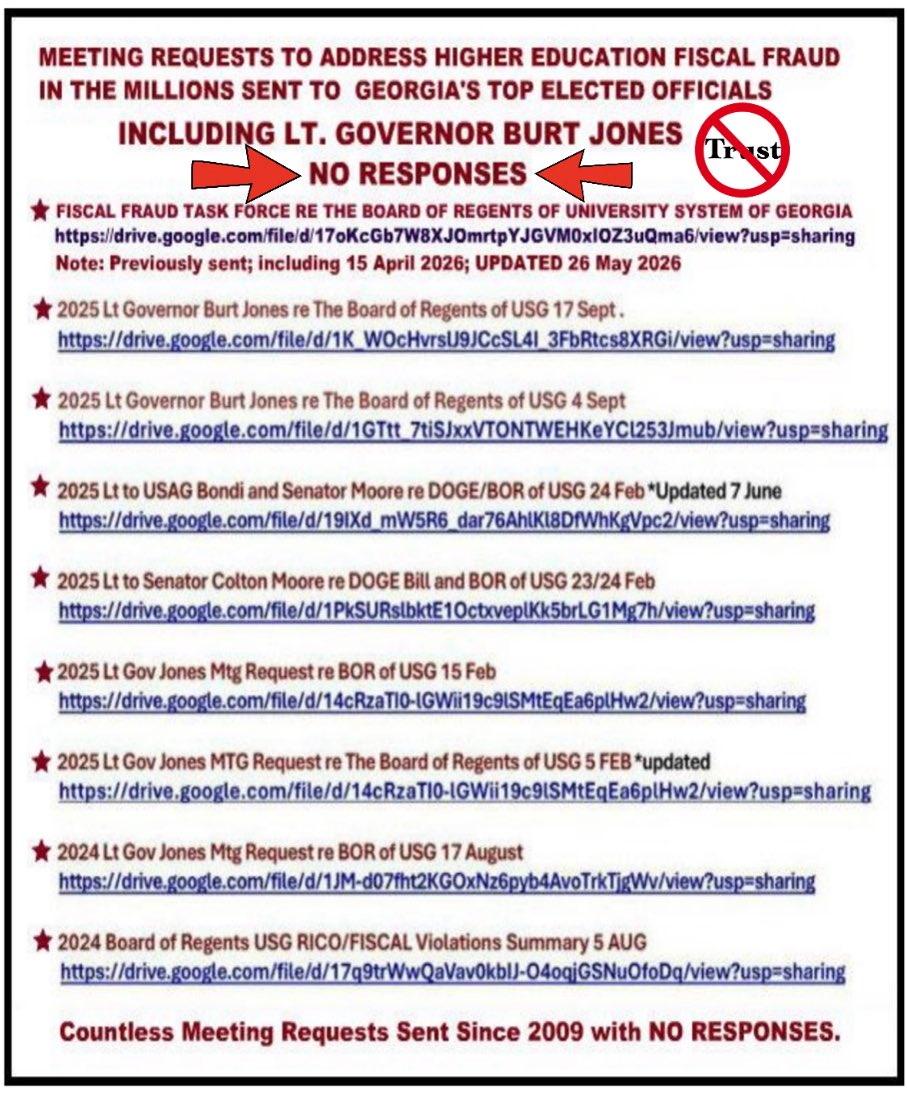 DeniseSorkness's tweet photo. @burtjonesforga @dkg453 @DolezalForGA @RickJacksonGA @POTUS  URGENT/IGNORED “RESOLUTION Mandating Fiscal Accountability by The Board of Regents of USG” - PASSED by GA GOP 7 June 2025 - REPORTED to President Trump’s FISCAL FRAUD TASK FORCE.🙏🏻
★ FISCAL FRAUD TASK FORCE INVESTIGATION REQUEST
https://t.co/9i6UKaYSe1 https://t.co/6epyPRXQQd