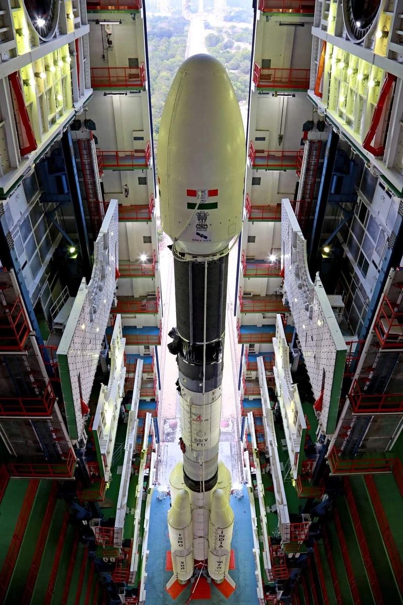All_inspace's tweet photo. Rollout:

Doors open.

420 tons.

Pad next.

Flag:

Tricolor on fairing.

Cryo stage inside.

India to GEO.

Cryo comeback:

Tech denied 1990s.

CE-7.5 flies 2024.

We build.

Scale:

49 meters.

4 strap-ons.

1 cryo stage.

All doors open.

INSAT:

Weather sats.

Comms sats.

NavIC sats.

GSLV delivers.

GSLV vs LVM3:

GSLV: GEO.

LVM3: Moon.

Pick your orbit.