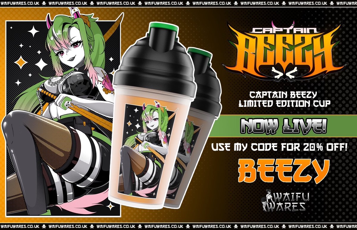 CaptainBeezy's tweet photo. My limited edition shaker cup is the ideal way to stay hydrated so I won’t scold you. Not only is it my first shaker it is also the first time SoleDoesArt has done art for one 💚 Once the cups are gone they’re gone for good! So make sure you get it while it lasts! 🔗⬇️ @WaifuWaresUK