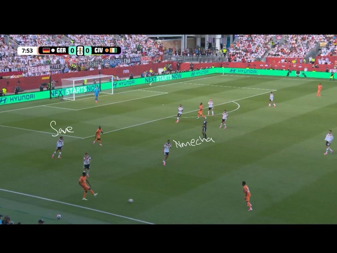 StevenDabdoub's tweet photo. and CIV only wanting to really play through the left hence the pass and event maps so far from @optaanalyst. However, GER quite aware with Sane also tracking back and Nmecha to help Kimmich with wide triangles from CIV and defend Diomande's 1v1s https://t.co/D9jjcQ3DOU