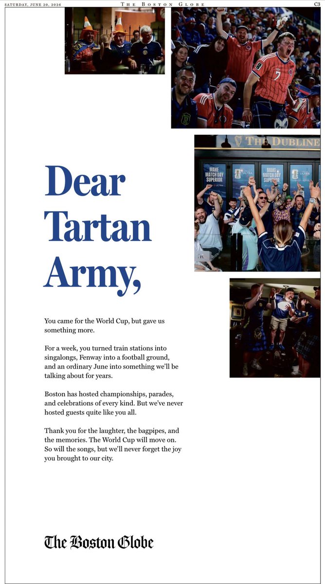 berkie1's tweet photo. The @BostonGlobe published a full page thank you letter to the Tartan Army in this mornings paper. 🏴󠁧󠁢󠁳󠁣󠁴󠁿 https://t.co/HmGXs0aRWf