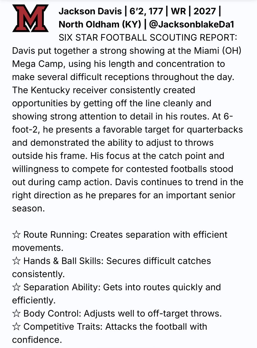 JacksonblakeDa1's tweet photo. Appreciate the look and great eval from @sixstarfootball following the @MiamiOHFootball Mega Camp!

Focused on stacking these details into a massive upcoming SR season.

2 camps left (as of now):
📍 @KYSUFB on 6/21
📍 @UFOilersFB on 7/11

@NOHS_Football @BDRoberts20 @cleats2whistle @sixstarfootball @PrepRedzoneKY 
🎥 Jr yr film is pinned, recent camp clips below👇