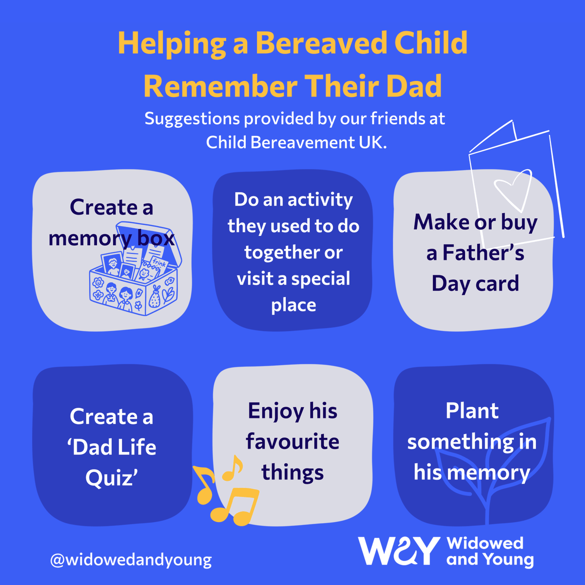 WidowedAndYoung's tweet photo. For children and young people who are grieving for their dad or father figure, Father’s Day can be a difficult day.

However, you can use Father’s Day as an opportunity to remember their dad – our friends at CBUK share suggestions on ways to do that here: https://t.co/vdgqJ1hETH https://t.co/wwyyLdkofQ