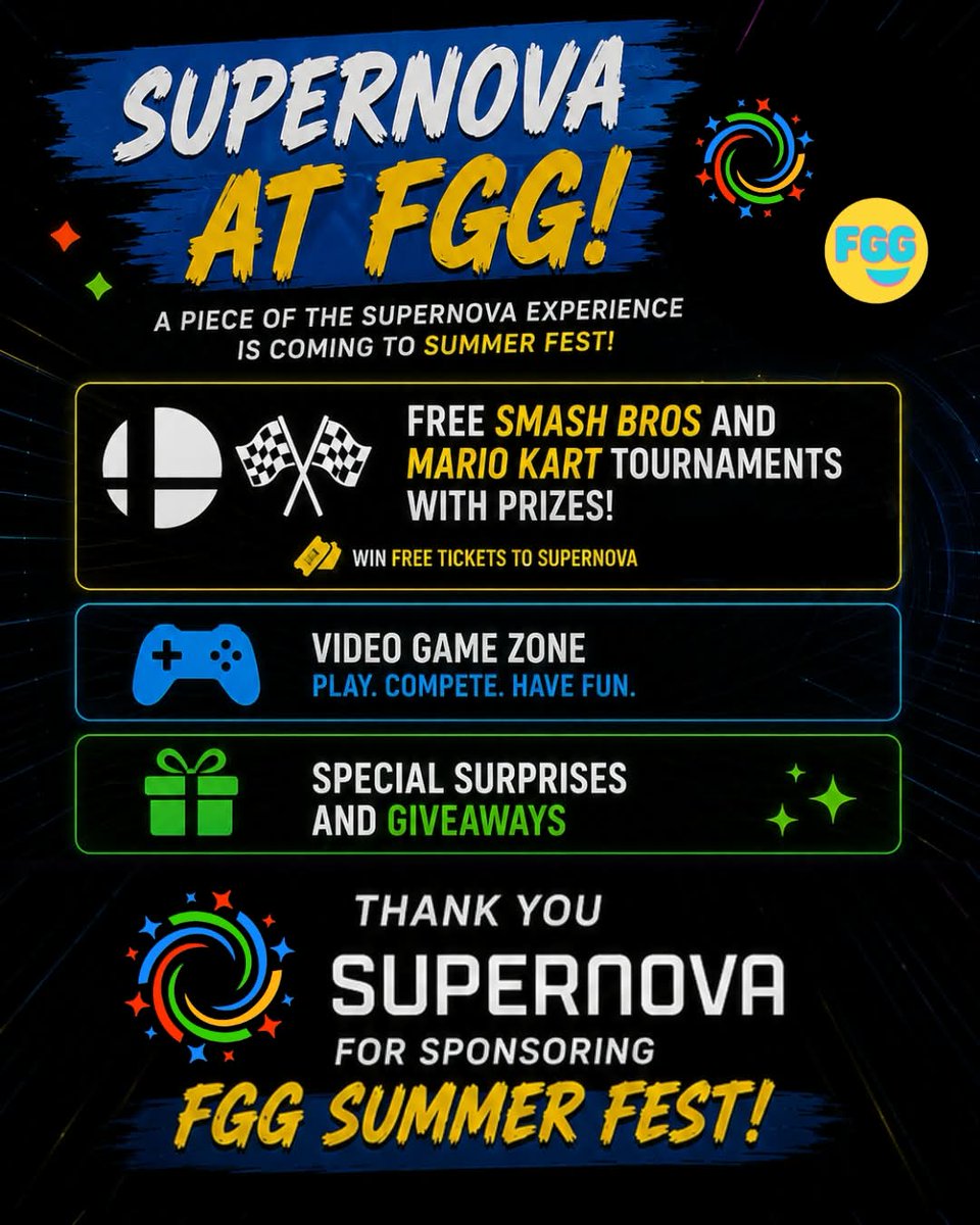 feelgoodgaming0's tweet photo. 💥SUPERNOVA IS COMING TO FGG! 💥

We’re incredibly excited to announce that Supernova @SuperSmashCon will be joining us at Feel Good Gaming Summer Fest! 🔥

🎮 SATURDAY 6/27 - SMASH BROS TOURNAMENT!
⌚ Starts at 1:30 PM

🏁 SUNDAY 6/28 - MARIO KART TOURNAMENT!
⌚ Starts at 1:30 https://t.co/TKsZbWfwJ0