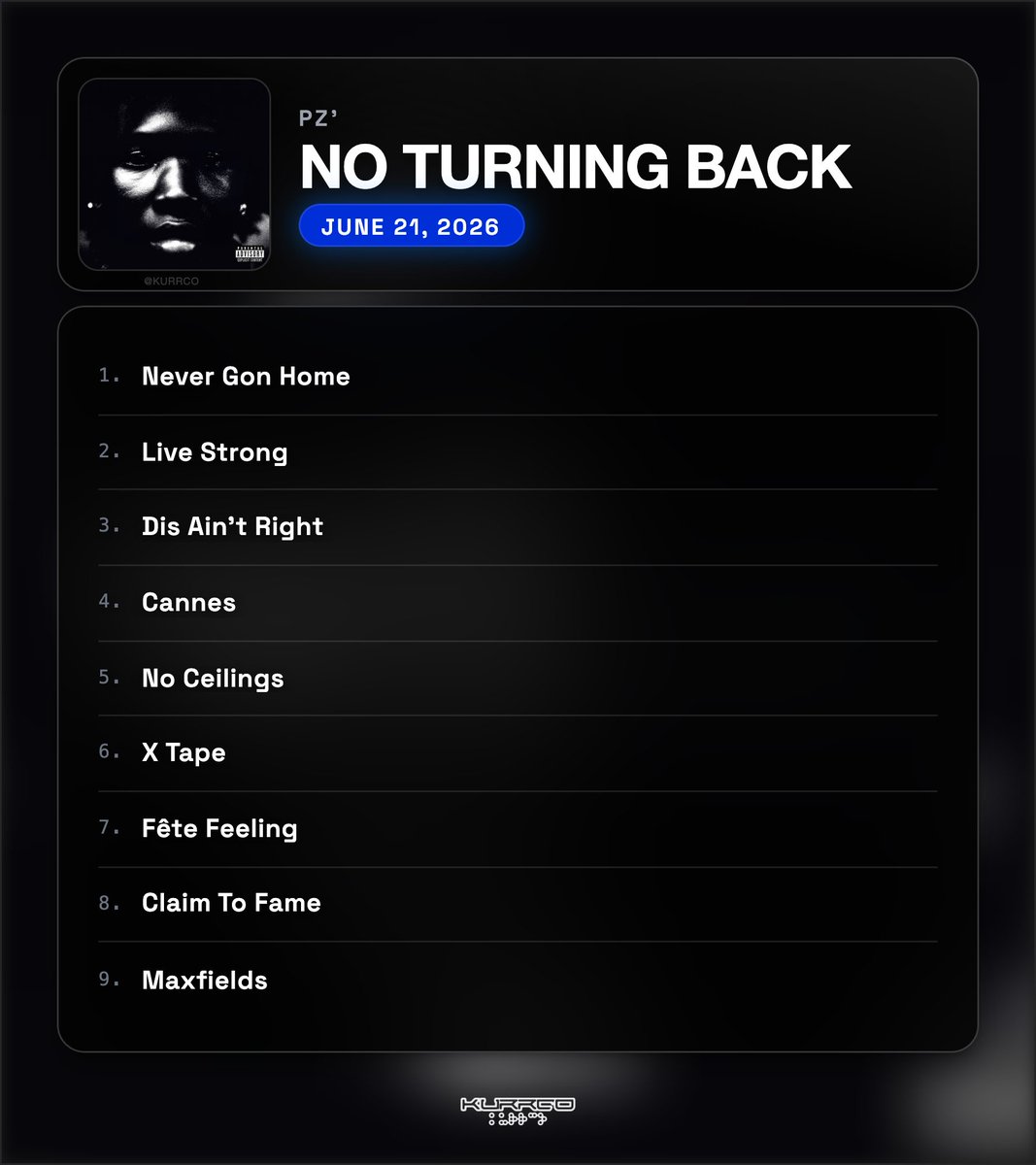 Kurrco's tweet photo. PZ'
NO TURNING BACK (EP)

OFFICIAL TRACKLIST 📝

TONIGHT 🚨 https://t.co/hnYZI9nW1M