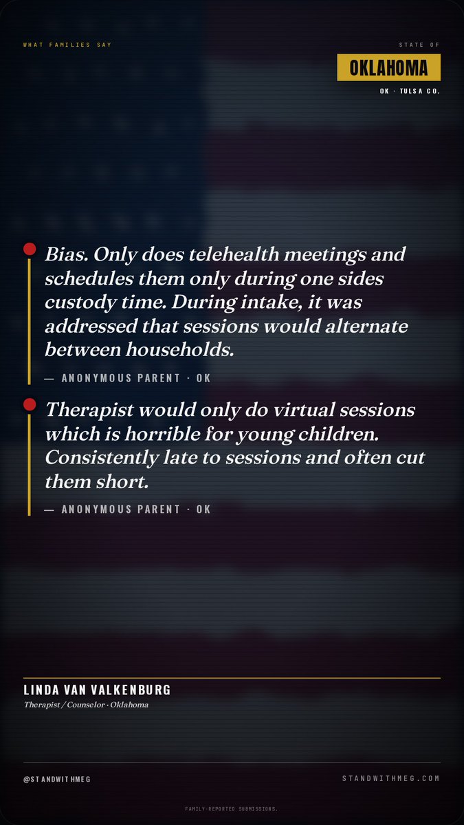 StandwithMeg's tweet photo. ⚠️ 🚨 Therapist / Counselor Linda Van Valkenburg — Tulsa County, Oklahoma — named by 3 families on the public record. Add your story → https://t.co/ZObhPlsgeX FAMILY-REPORTED SUBMISSIONS. #StandWithMeg #TherapistLindaVanValkenburg #OKFamilyCourt #TulsaCountyOK #ParentRights https://t.co/JnE9uEsHIW