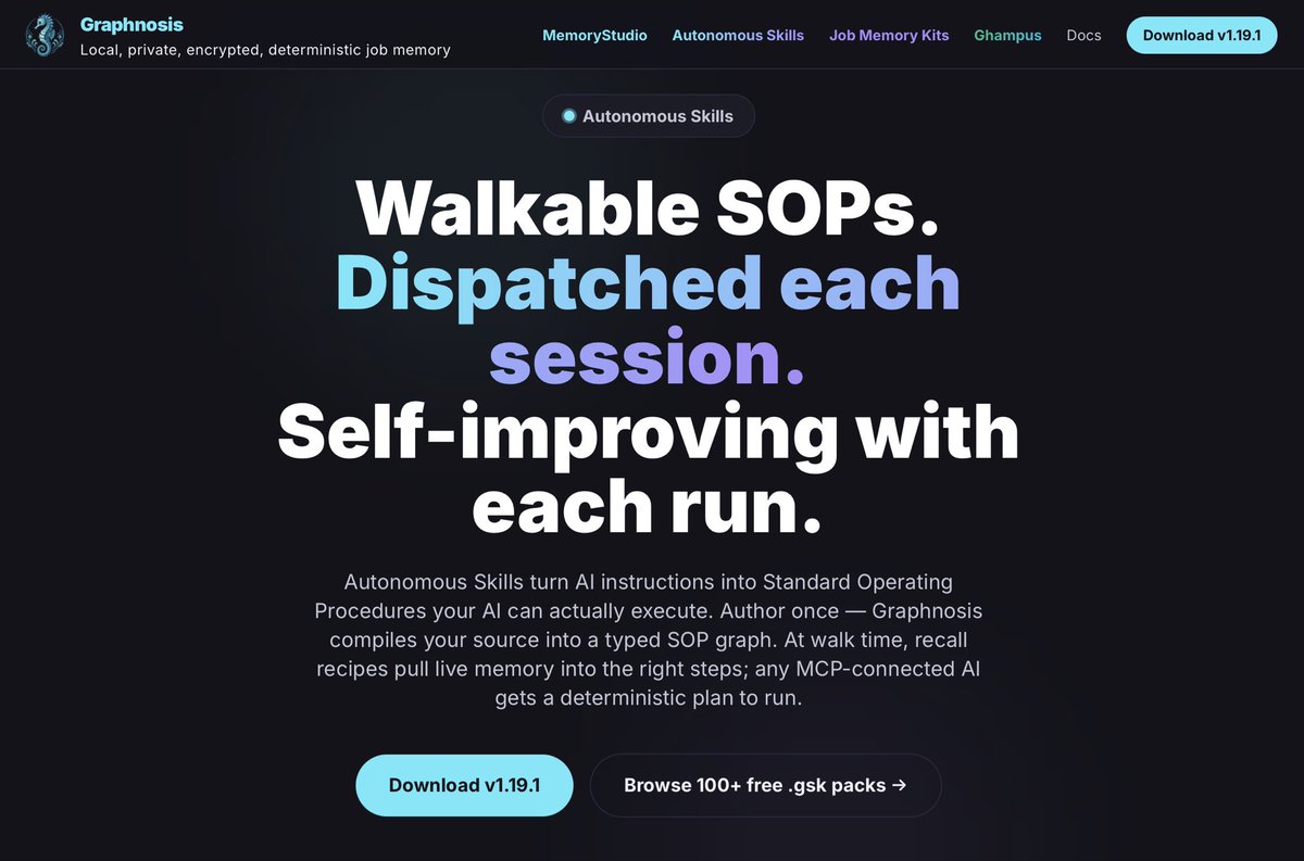 Graphnosis's tweet photo. Walkable SOPs. Dispatched each session.  Self-improving with each run.

Check out our fine-tuned skills that self-train themselves with lessons learned. https://t.co/lZnysuhA0B
