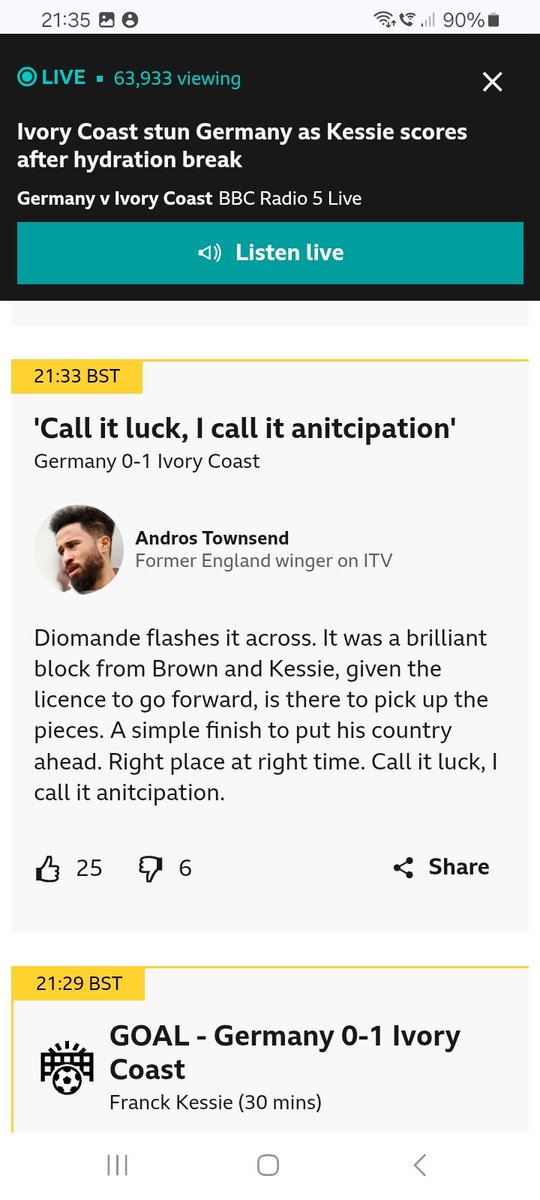 bbcwrongline's tweet photo. #worldcup Germany concede to Cote D'Ivoire. #Kessie #gerciv #allciv
I call it anitcipation , I don't know why, I just always have. https://t.co/4V2JKLg93t