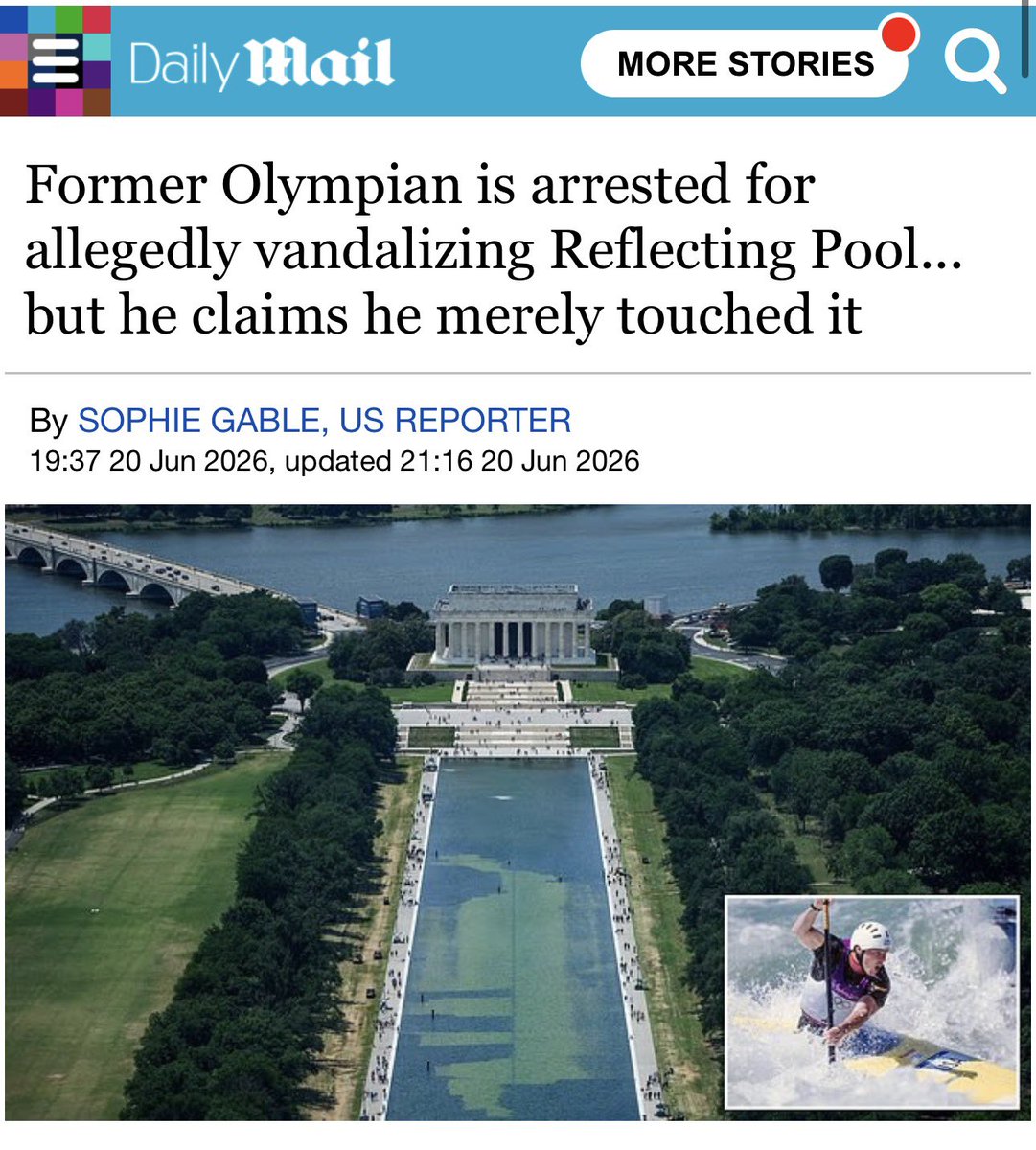 intheMatrixxx's tweet photo. BREAKING: A three-time Olympian [douche] canoeist was arrested for allegedly vandalizing President Donald Trump's shining new Reflecting Pool in Washington, DC, but the athlete has claimed he merely touched it.

David Hearn, 67, was arrested by Park Police officers on Friday for a misdemeanor charge of destruction of government property after he said he simply touched the liner of the Reflecting Pool at the Lincoln Memorial, The Washington Post reported.