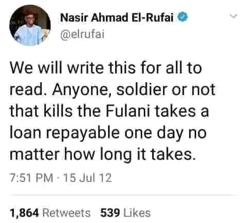 HabibaIdri40129's tweet photo. Those terrorizing us are Fulani those defending people that are terrorizing us in the mosques are Fulani&amp;those seeking amnesty4people terrorizing us are Fulani. So what is wrong with saying that Fulani are terrorists since they are doing2Hausas what their ancestor did to ours? https://t.co/xekAqHlFgp