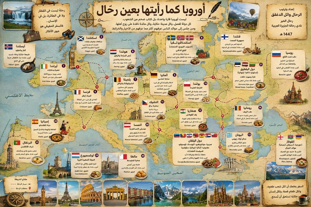 aldaqfaq's tweet photo. 🌍 أوروبا كما رأيتها بعين رحّال
✍️ الرحال وائل الدغفق

لم أكن أعبر أوروبا هذه المرة بخريطة في اليد، بل بذاكرةٍ تبحث عن الحكايات.
منذ أن وطئت قدماي ضفاف التايمز في 🇬🇧 إنجلترا، أدركت أن القارة العجوز ليست أرضًا واحدة، بل عشرات العوالم الصغيرة المتجاورة. شعوب تختلف في اللغة والطعام والضحكة وطريقة النظر إلى الحياة، لكنها تجتمع تحت سماء واحدة.
في لندن غير كثرة النشل والسرقة رأيت التناقض بين اناس يصطفون في الطوابير بصبر يكاد يكون جزءًا من العقيدة المدنية. حتى الحافلة لا تُزاحم، وحتى المقهى له نظام. وحين هطل المطر، لم يبدُ أن أحدًا اكترث له، وكأن الضباب مواطن بريطاني قديم لا يحتاج إلى تعريف ، وبين فوضى الامن ..

وعبرت إلى 🇫🇷 فرنسا الى باريس شعرت أن الجمال ليس رفاهية بل أسلوب حياة. الأرصفة أنيقة، والمقاهي تعرض كراسيها للشارع كأنها مسرح مفتوح. الفرنسي قد يختلف معك في السياسة والفلسفة والرياضة، لكنه يتفق معك على أن الخبز الطازج حق من حقوق الإنسان.
وستفاجأ بشوارع الفوضى والقمامة موازية لشوارع الاناقة..

ثم حملني القطار إلى 🇮🇹 إيطاليا.
هناك لا تمشي المدن، بل تستعرض نفسها. في روما وفلورنسا وميلانو شعرت أن الناس يتحدثون بأيديهم أكثر مما يتحدثون بألسنتهم. حتى بائع الخضار يبدو وكأنه خارج من جلسة تصوير. الإيطالي اجتماعي بطبعه، قريب من الناس، ولذلك يسميه بعض الأوروبيين – على سبيل المزاح – "عَرَب أوروبا".
واجمل ايطاليا بحيرات الشمال وشواطئ نابولي..

وفي مرتفعات 🇬🇧 اسكتلندا رأيت مشهدًا مختلفًا.
ضباب، وتلال خضراء، وهدوء يلف القرى. أما التنورة التقليدية (الكيلت) فما زالت رمزًا ثقافيًا يعتز به أهل البلاد. والاسكتلندي الذي يُتهم بالبخل في النكات الشعبية، وجدته في الحقيقة حريصًا على ماله أكثر من كونه بخيلًا.

أما 🇩🇪 ألمانيا فبدت لي كساعة ضخمة تعمل بلا توقف.
كل شيء محسوب. القطارات، الطرق، المواعيد، وحتى ترتيب الحدائق. شعرت أحيانًا أن الدقائق هناك تملك قيمة مادية مستقلة عن الزمن نفسه مع تعصب وغطرسة.
وفي 🇳🇱 هولندا اكتشفت عالمًا آخر.
دراجات أكثر من السيارات، وقنوات مائية أكثر من الشوارع. البساطة ليست شعارًا عندهم بل أسلوب حياة. كثير من البيوت تسمح برؤية الداخل من النوافذ الكبيرة، تعبيرًا عن ثقافة الانفتاح والثقة المجتمعية.

ثم وصلت إلى 🇧🇪 بلجيكا.
وهناك وجدت نفسي بين الشوكولاتة والوافل والبطاطس المقلية. بلد صغير جغرافيًا، كبير ثقافيًا، يعيش بين لغات متعددة وهويات متجاورة، لكنه يجيد تحويل الاختلاف إلى جزء من شخصيته.

وفي الشمال البعيد زرت 🇸🇪 السويد و🇳🇴 النرويج و🇩🇰 الدنمارك.
هناك تعلمت أن الصمت ليس دائمًا برودًا، وأن الابتسامة الهادئة قد تكون أبلغ من الحديث الطويل. الثقة الاجتماعية عالية، والخدمات متقنة، والإنسان يشعر أن النظام يعمل حتى عندما لا يراقبه أحد.
ثم دخلت 🇫🇮 فنلندا.
هناك اكتشفت أن الصمت قد يكون لغة كاملة. يجلس الناس طويلًا دون حاجة إلى ملء الفراغ بالكلام. والساونا ليست مجرد حمام بخار، بل جزء من الثقافة الوطنية وطقوس الحياة اليومية.
وفي 🇵🇱 بولندا رأيت شعبًا يحمل ذاكرة ثقيلة وتاريخًا صعبًا، لكنه يحتفظ بابتسامة دافئة وكرمٍ واضح. أما الكرسي الفارغ على بعض الموائد فليس مجرد عادة، بل رمز لاستقبال الضيف أو الغائب.
وفي 🇨🇿 التشيك بدت براغ وكأنها رواية ساخرة تمشي على قدمين.
مدينة جميلة تعرف كيف تضحك من نفسها. المقاهي والموسيقى والقصور القديمة كلها تشعرك أن التاريخ ما زال يعيش بين الأزقة.
أما 🇭🇺 هنغاريا فكانت رائحة الفلفل الأحمر تسبقها أينما ذهبت.
شعب يعتز بهويته وثقافته، ويعتبر طبق الغولاش جزءًا من تاريخه الوطني.
وفي 🇬🇷 اليونان جلست في مقاهٍ لا ينتهي فيها النقاش.
السياسة والتاريخ وكرة القدم وحتى لون البحر المتوسط؛ كل شيء قابل للجدل. هناك تشعر أن سقراط ربما غادر الأكاديمية لكنه لم يغادر العقول.
ثم اتجهت شرقًا إلى 🇷🇴 رومانيا و🇧🇬 بلغاريا.
وجدت بساطة الريف الأوروبي ودفء العلاقات الإنسانية. وفي بلغاريا تعلمت بسرعة أن حركة الرأس قد تعني عكس ما اعتدناه نحن، وهي من أكثر المواقف التي أربكتني في رحلاتي الأولى.
أما دول البلقان 🇷🇸🇲🇪🇧🇦🇽🇰🇲🇰🇦🇱🇭🇷🇸🇮 فقد بدت لي وكأنها ملتقى حضارات.
هنا آثار عثمانية، وهناك كنائس أرثوذكسية، وفي الجوار مدن نمساوية الطابع. شعوب عاطفية، سريعة الحماس، كريمة الضيافة، وتحب الجلوس الطويل حول القهوة.
وعندما عبرت جبال القوقاز 🇬🇪🇦🇿🇦🇲 شعرت أن الجبال نفسها تستقبل الضيوف.
الكرم هناك ليس عادة بل جزء من الهوية. قد تدخل بيتًا غريبًا فتجد مائدة تكفي قرية كاملة.
يتبع……