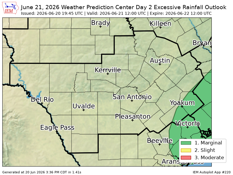 EWXBot's tweet photo. WPC issues Day 2 Marginal Risk Excessive Rainfall Outlook at Jun 20, 19:45z for EWX https://t.co/YSbXw7JEh4 https://t.co/RQRLcqbcr6