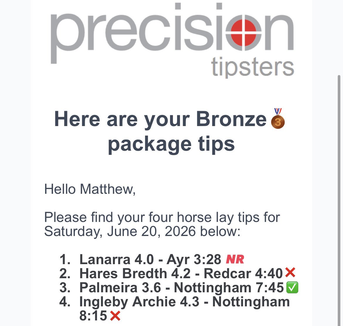 Precisiontips1's tweet photo. Strange day today.

1st Bronze tip was a non-runner, so the new 2nd tip became the important one… and it secured the £13.30 daily target ✔️

Finished 1/3 overall.

Silver was much smoother — 2/2, just how we like it.

Would you rather have a messy win or a perfect loss? 🤔 https://t.co/xHA8kFsZgC