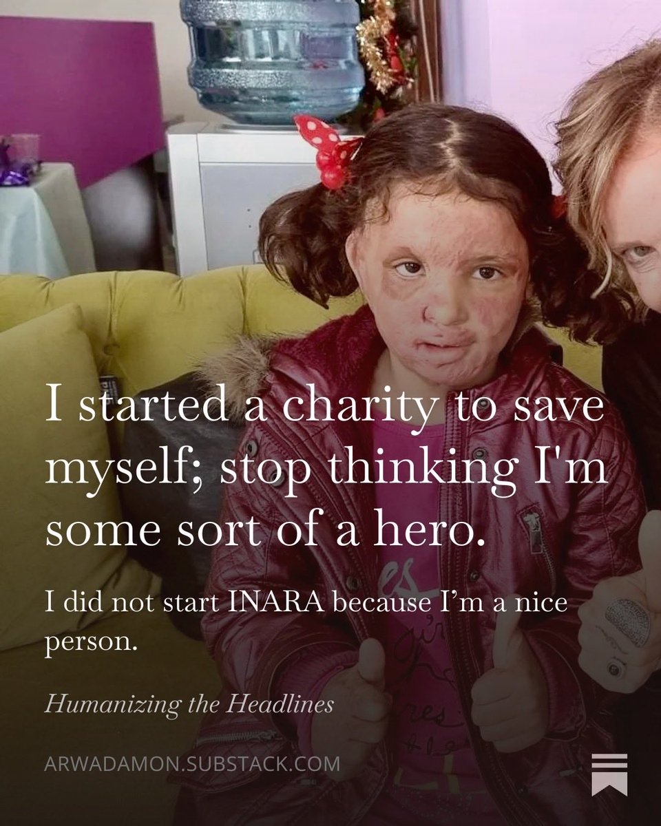 IamArwaDamon's tweet photo. Excerpt: I started my charity @INARAorg , the International Network for Aid, Relief, and Assistance, because I was about to implode. I felt like I was on the edge of a mental abyss, trying to claw my way out, fingernails bleeding. I would stare at the mirror and try to will myself to cry, scream, anything to get rid of the weight on my chest, the strangulation in my throat. 

Read more here: 

https://t.co/IsgQTokPL3