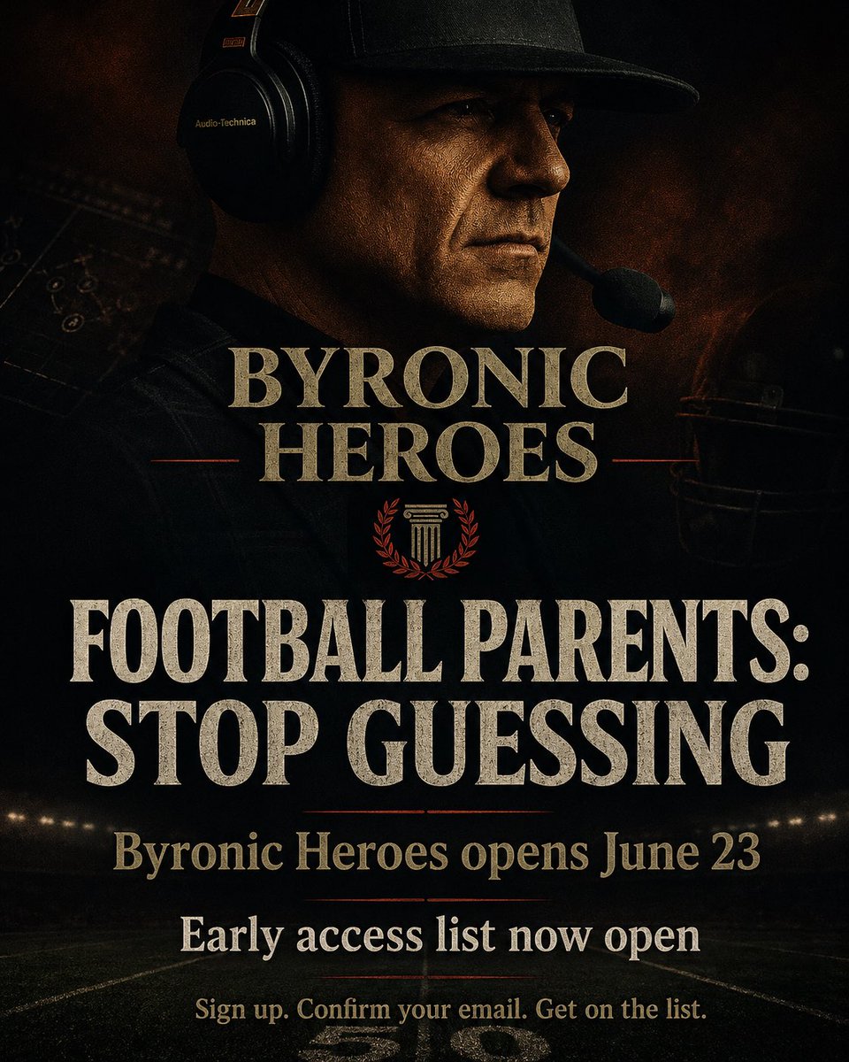 BenjaminJCarey's tweet photo. Football parents: stop guessing.

Too many families are making major decisions off camp flyers, rankings, DM rumors, group chats, and people who speak with authority because nobody checks them.

That costs money.

Worse, it costs time.

Recruiting does not reward panic. It rewards development, grades, film, coaching, relationships, timing, communication, character, and real performance when it matters.

Most parents do not need more hype.

They need a better operating system for the road.

Byronic Heroes opens June 23.

For fathers and sons who want structure, standards, clarity, and a cleaner way to move through football, recruiting, development, camps, film, social media, and the decisions most families make too late.

Early access goes first to the private list.

Link in bio.

After you sign up, confirm your email through the verification message. Check inbox, promotions, or spam. Until you confirm, you are not active on the list.

June 23.

Get on the list.

#ByronicHeroes #FootballRecruiting #YouthFootball #FootballParents #FathersAndSons
