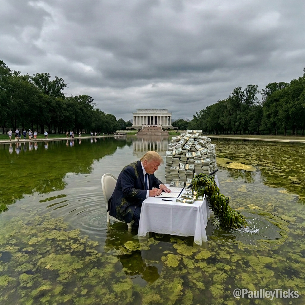 PaulleyTicks's tweet photo. BREAKING: President Trump signs historic "Memorandum of Understanding" treaty with the Lincoln Memorial reflecting pond algae. https://t.co/uPtdT7Yl97