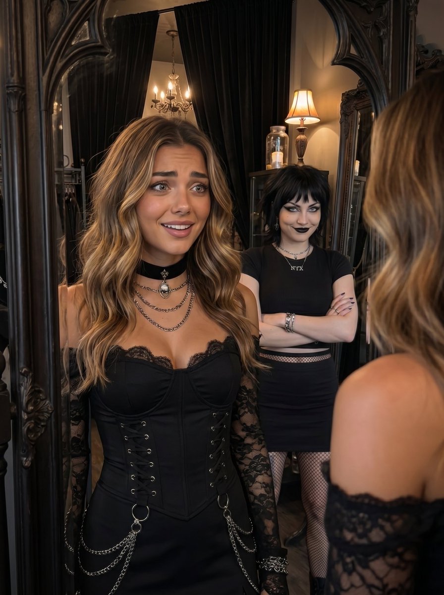 WhatIfAlice's tweet photo. Met up with Nyx for a nice, normal shopping trip 😊☕️

Somehow it ended with me in a gothic boutique wearing fishnets, lace sleeves and a choker. 🖤

I still managed to sneak a sunflower in though 🌻😌

See MUCH more of me here 👀👇
https://t.co/zrbio5h0Ib

#WhatIfAlice #FanVue https://t.co/riHzpOphug