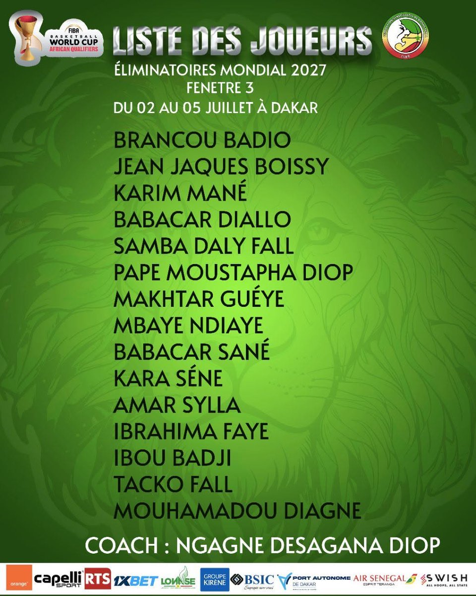 taggatsn's tweet photo. Le sélectionneur des Lions🦁🇸🇳 du Basket🏀, Ngagne Desagana Diop, a dévoilé une présélection de 15 joueurs en vue de la troisième fenêtre des éliminatoires de la Coupe du Monde FIBA 2027, qui se déroulera à Dakar du 2 au 5 juillet 2026.

#Taggat #Baketball https://t.co/R7UxIF8JgQ