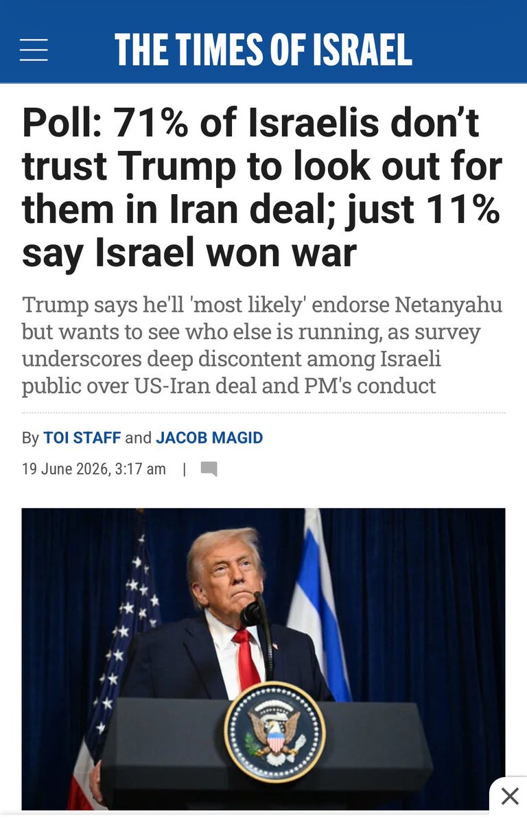 BjornSjoberg_'s tweet photo. Once again Trump is a legend in his own mind. He says he holds all the cards in Bibis re election. A recent poll from TOI says 71% of Israelis do not trust Trump in the Iran debacle. Trump has literally no cards to play in any election of a sovereign country. None. https://t.co/5vlNKkm3l3