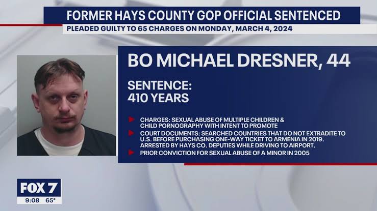 MAGAts_Exposed's tweet photo. Bo Michael Dresner, MAGAt and "pro-family" advocate, was sentenced to 410 years in prison in March 2024 after pleading guilty to dozens of child sexual abuse and child pornography charges.

At the time of his arrest, Dresner served as a precinct chair and sergeant-at-arms for the Hays County Republican Party near Austin,

The criminal investigation officially began in April 2019 after a child reported being molested by Dresner. Authorities later discovered hundreds of thousands of illicit images on his electronic devices and identified a second victim.