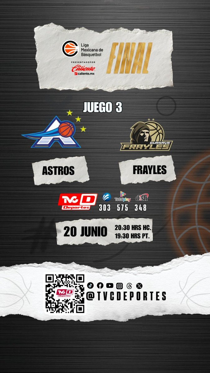 TVCDeportes's tweet photo. GRAN FINAL

No te pierdas los juegos finales de la @cibacopamx con el choque entre:

@astrosjalisco 🆚 @fraylesguasave

⏰ 20:30 HRS
📺 303 @Megacable 575 @totalplaymx 348 @DishMx 

#CIBACOPA #Astros #Frayles #TVCDeportes https://t.co/0YQa78Fcgp