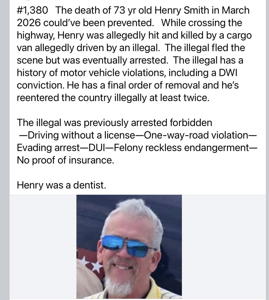 howmanyare2many's tweet photo. HOW MANY ARE TOO MANY?  

Mr Woods, did you ever hear about Henry’s  preventable death?   Of course not, that’s why I do this.

I’ve  now posted the deaths of 1,380 people killed or allegedly killed by an illegal.  MSM doesn’t report them because it doesn’t fit their ideology.

Another illegal arrested (several times),  apparently deported (1 or 2 times) and was then able to return & allegedly kill Henry.  Look at how many of the 1,380 preventable deaths I’ve posted were committed by an illegal that was previously arrested and/or deported.

Open borders = preventable deaths.  To Democrats they’re just collateral damage.

Please repost so Henry isn’t forgotten and inform people of his  preventable death.

 I’m not selling anything, not monetizing this,  not writing a book, not making a documentary, etc.  There’s nothing in this for me.  I see what’s happening to our country & trying to do something about it.  

I post a photo of the victim so you can see that these preventable deaths happened to real people, to real children and families that had their lives taken from them by someone illegally in our country.

@cptcookswife  @clmuseum  @JordanBrace8 @PatriotGal480 @poconomtngirl   @browngravy_93 @GeorgeEliseo  @greyman7107  @ZeroDarkKitty @RepBrandonGill @RepMarkHarrisNC @KatieZacharia @AlexisMcAdamsTV  @GregoryKBovino
