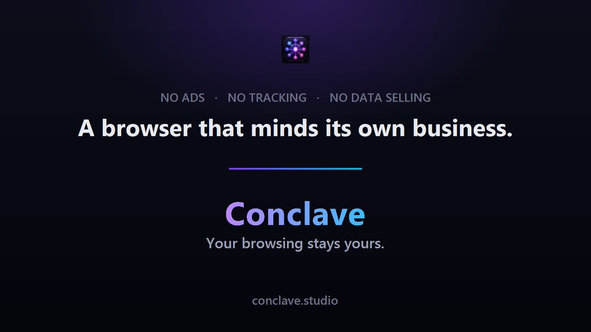 ConclaveStudio's tweet photo. Search for something once, then see ads for it everywhere for a week. Creepy, right?

That's not a glitch — it's the business model. Conclave is a browser that just doesn't do it. No ads, no tracking, no selling your data.

https://t.co/SXFYmNT52j https://t.co/FXUceS07oq