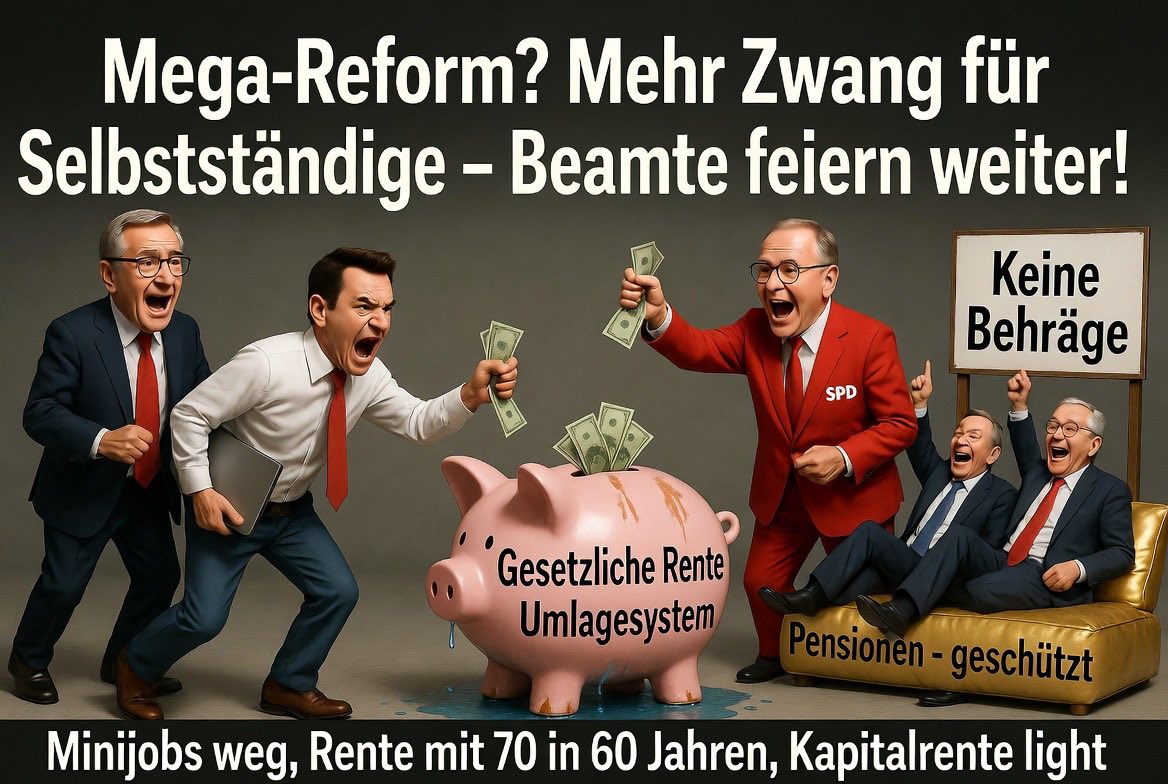 Wilehalm's tweet photo. Die sogenannte ‚Mega-Reform‘ der Rentenkommission ist ein Schlag ins Gesicht für alle, die jahrzehntelang eingezahlt haben.

Die Rente mit 63 wird abgeschafft – genau die Option, auf die viele langjährig Versicherte vertraut und ihre Lebensplanung ausgerichtet haben.

Dazu kommt der Zwang für Selbstständige, in ein marodes Umlagesystem mit negativer Rendite einzuzahlen, während Beamte weiterhin weitgehend außen vor bleiben und sich auf ihre sicheren Pensionen verlassen können. 

Minijobs größtenteils weg – weniger Flexibilität für Geringverdiener und Rentner, mehr Schwarzarbeit und Bürokratie.

In 60 Jahren vielleicht Rente mit 70, aber die Belastungen und der Verlust von Planungssicherheit kommen sofort.

Echte Reform würde mehr Kapitaldeckung für alle bedeuten, weniger Privilegien und endlich Schluss mit der Zwei-Klassen-Altersvorsorge. 

Stattdessen: Mehr Abgaben, weniger Freiheit.
Wer will da noch langfristig planen oder selbstständig sein?
#Rentenreform #RenteMit63 #Selbstständige