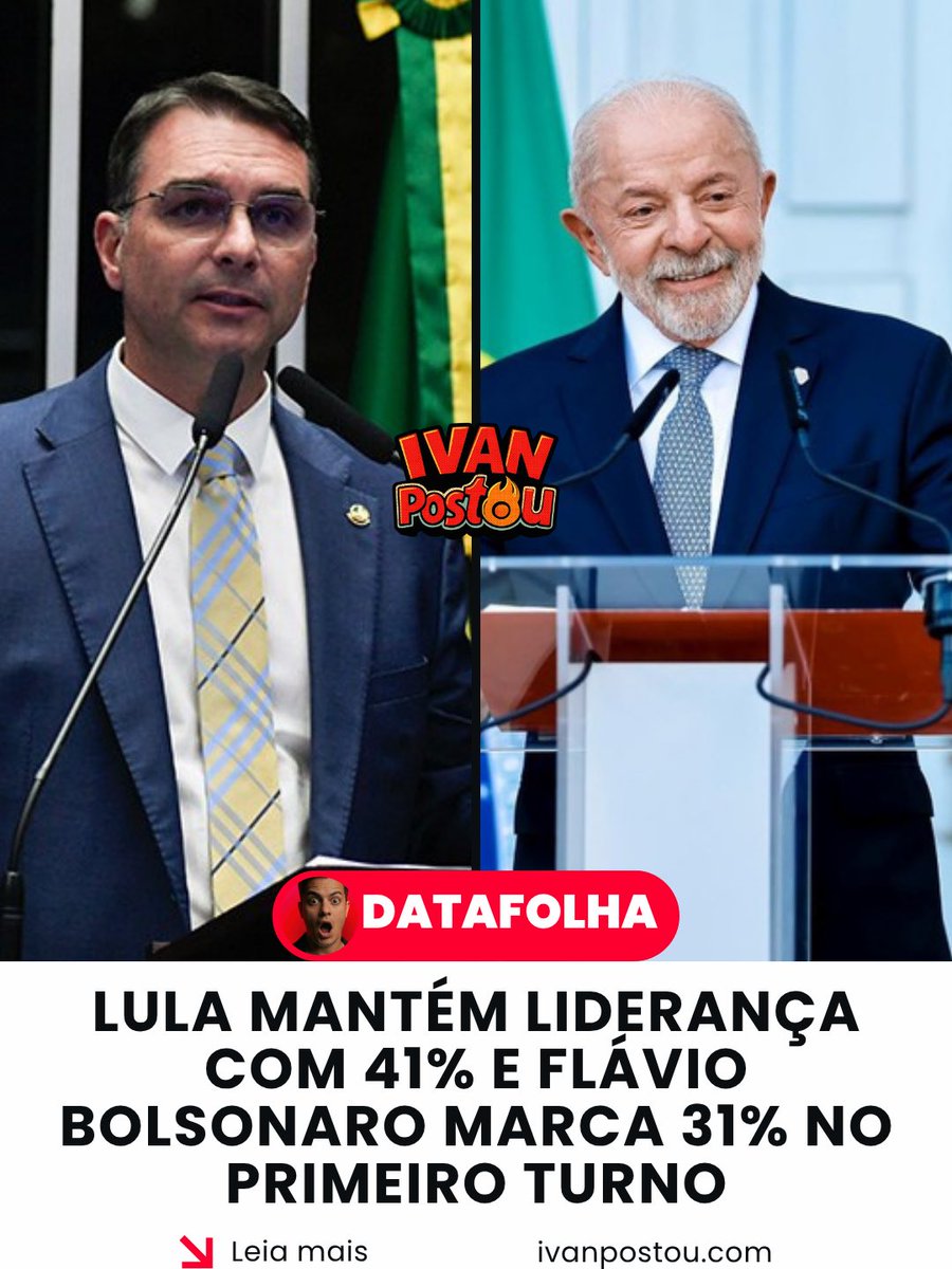 ivanpostou's tweet photo. Uma nova pesquisa Datafolha divulgada neste sábado (20) mostra o presidente Lula (PT) com 41% das intenções de voto no cenário provável de primeiro turno, contra 31% do senador Flávio Bolsonaro (PL).

A diferença de dez pontos percentuais indica estabilidade no quadro eleitoral. https://t.co/4FfGlthc11