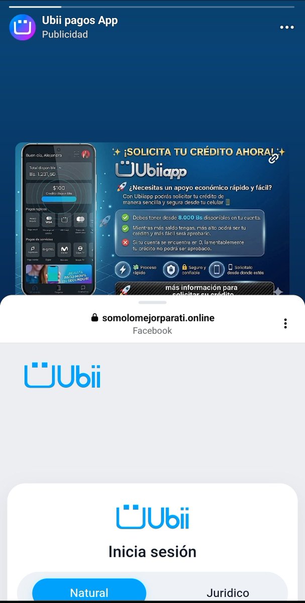 josefco27's tweet photo. Alerta con esta publicidad que está corriendo en redes sociales, como Instagram y Facebook, supuestamente de Ubii @SomosUbiiapp @ubiipagos pero que claramente se ve que es de hackers para robar los datos de acceso https://t.co/YArYxx2sOI