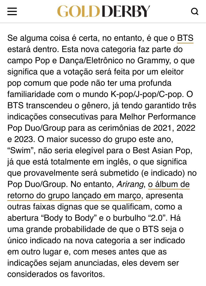 BARMYSTREAM's tweet photo. 📰 Gold Derby aposta no sucesso inquestionável de ARIRANG para dar destaque ao BTS não só na nova categoria Asiática dos Grammys, mas também em categorias principais:

“Arirang, o álbum de retorno do grupo lançado em março, apresenta outras faixas dignas que se qualificam, como a abertura “Body to Body” e a eletrizante “2.0”.

Há uma grande probabilidade de que o BTS seja o único indicado na nova categoria a ser indicado em demais categorias e, com meses antes que as indicações sejam anunciadas, eles podem ser considerados os favoritos.”

🔗 (https://t.co/FndZ2Zdrzv)