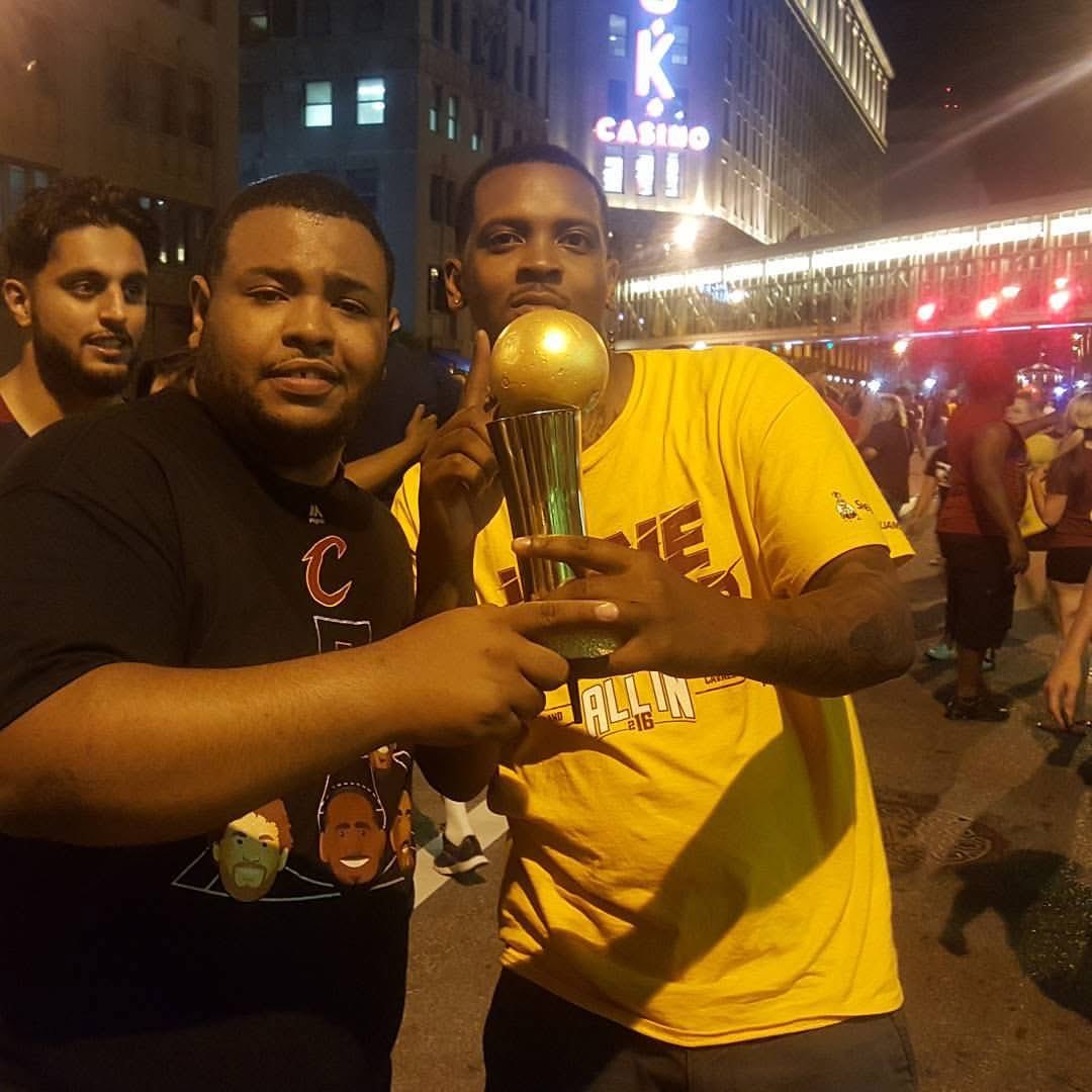 Bigg_L's tweet photo. Bron handed me and @FeltonJones3436 the trophy, we played a big part in the ship!!!! #AllIn216 #CavsIn7 https://t.co/s9MhFLvuwT