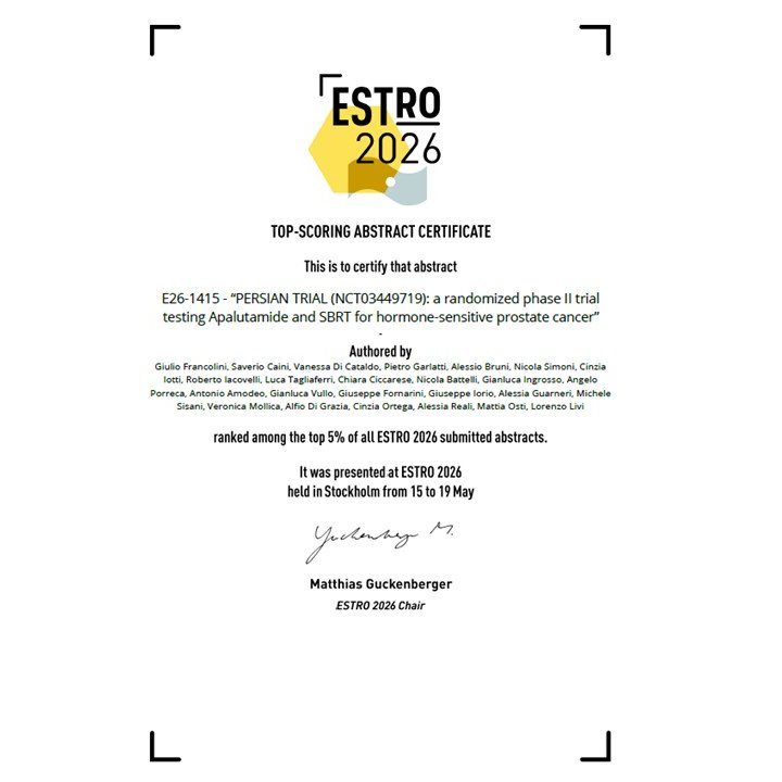GiulioFrancoli1's tweet photo. Thrilled to share that our abstract on the PERSIAN Trial (NCT03449719) was ranked among the Top 5% of all abstracts submitted to ESTRO 2026.
A fantastic recognition for the work of an exceptional team! #ESTRO2026 @dicataldovanes1 @PietroGarlatti https://t.co/pqEoBiynnh
