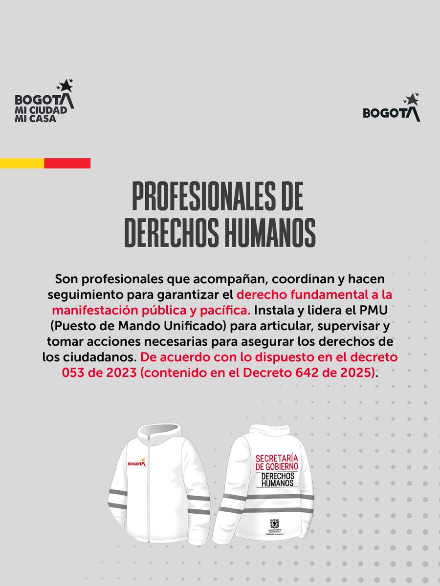 GobiernoBTA's tweet photo. 🧵 | ¿Has visto estas chaquetas en las calles de Bogotá?

Detrás de cada una hay profesionales con un gran sello humano, mediadores y garantes que caminan el territorio todos los días para cuidar la vida, promover el diálogo empático y proteger los derechos de la ciudadanía.

#BogotáMiCiudadMiCasa