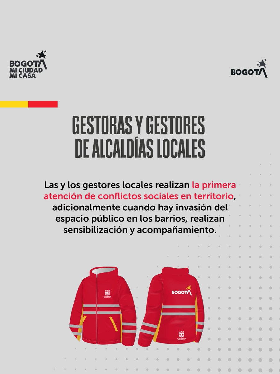GobiernoBTA's tweet photo. 🧵 | ¿Has visto estas chaquetas en las calles de Bogotá?

Detrás de cada una hay profesionales con un gran sello humano, mediadores y garantes que caminan el territorio todos los días para cuidar la vida, promover el diálogo empático y proteger los derechos de la ciudadanía.

#BogotáMiCiudadMiCasa