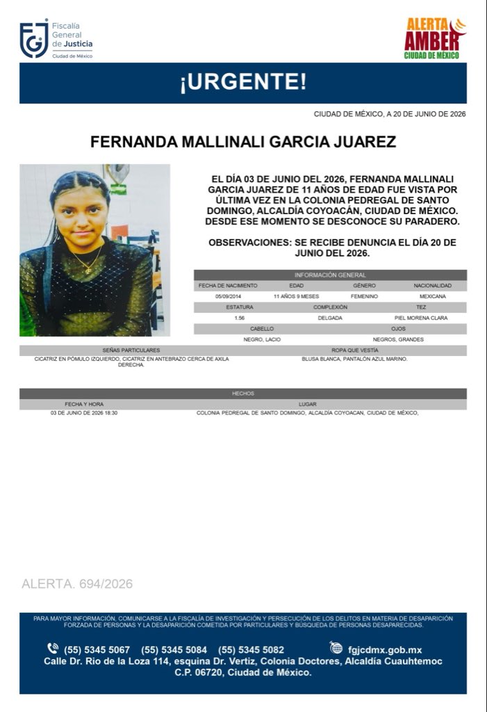 AAmberCDMX's tweet photo. Se activa #AlertaAmber para localizar a Fernanda Mallinali García Juárez, de 11 años, vista por última vez el pasado 3 de junio, en la colonia Pedregal de Santo Domingo, alcaldía Coyoacán. https://t.co/PoO1trqFto