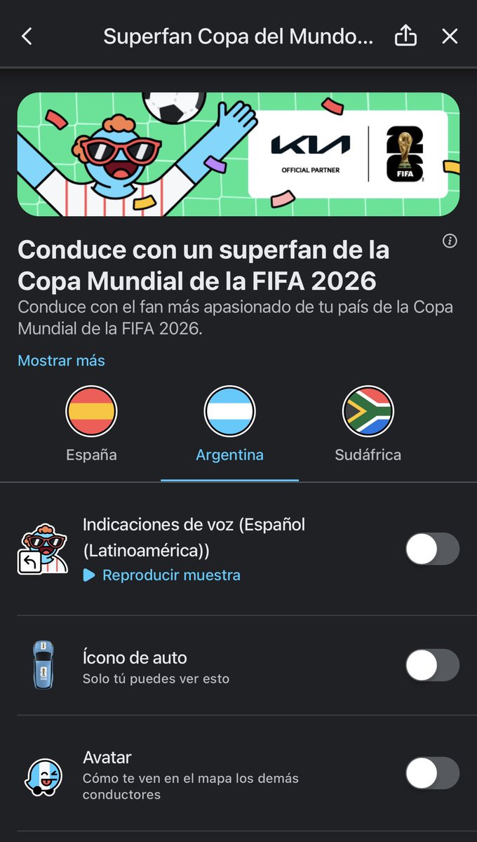 WazeArg's tweet photo. Por si alguno se lo perdió. Tuneate con el espíritu mundialista. 

Conduce con un fan de la Copa Mundial de la FIFA 2026 ¡Goooooooool! https://t.co/hnyyMidkPD https://t.co/sK0c1W9gJK