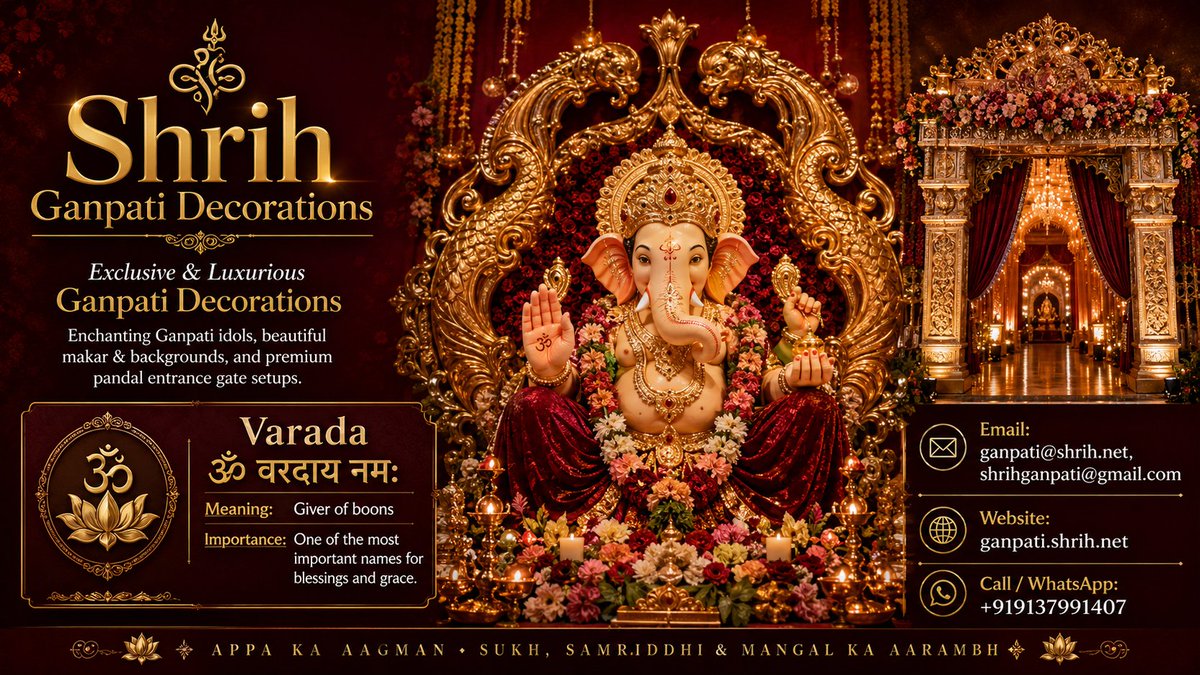 ShrihFESTIVALS's tweet photo. Varada Ganpati ✨ Luxury makar, pandal &amp; gate decor pan-India. WA +919137991407 | https://t.co/dToSASBg0j | ganpati@shrih.net, shrihganpati@gmail.com #Ganpati #Pandal #Makar #Decor #Events https://t.co/iGXu8MzqcY