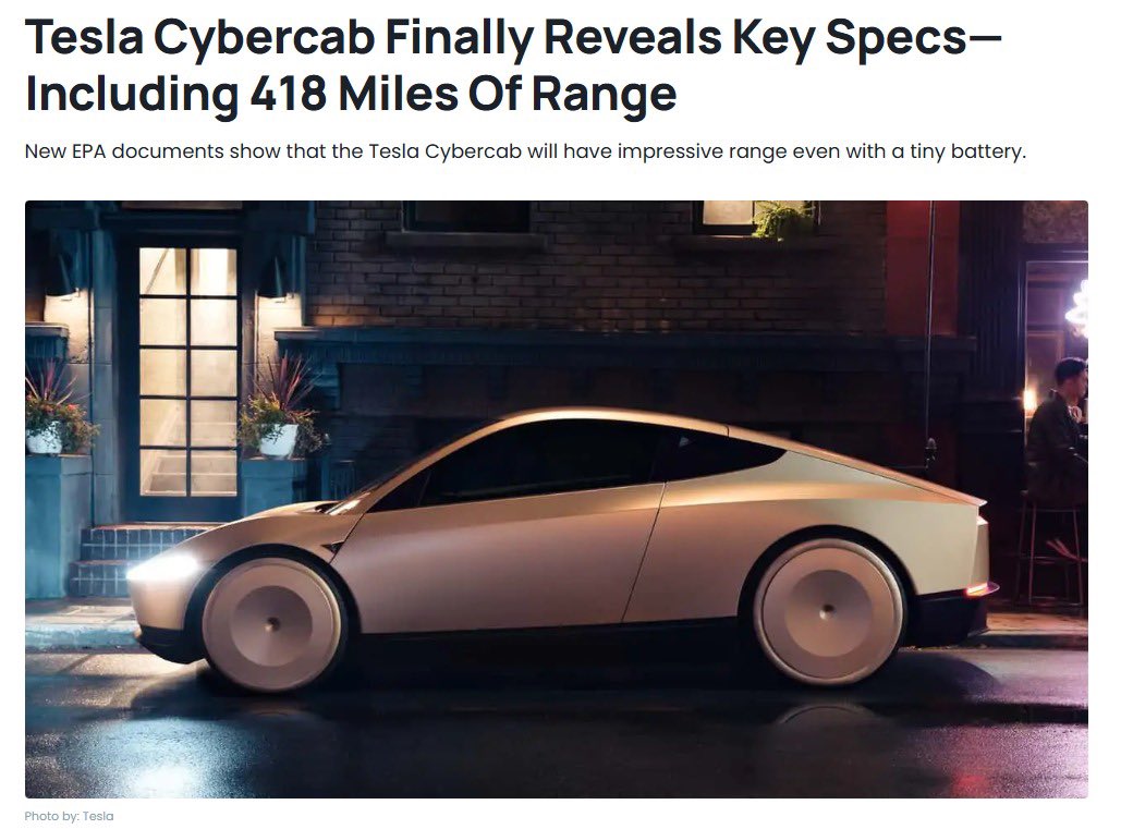 teslaownersSV's tweet photo. Tesla Cybercab just revealed some impressive numbers. 

According to new EPA filings, the Cybercab is expected to deliver up to 418 miles (673 km) of rangewhile using a surprisingly small battery pack.

If these figures hold up in the real world, Cybercab could become one of the most energy-efficient EVs ever produced — a major step toward scalable, low-cost autonomous transportation.

The future of mobility is getting closer.