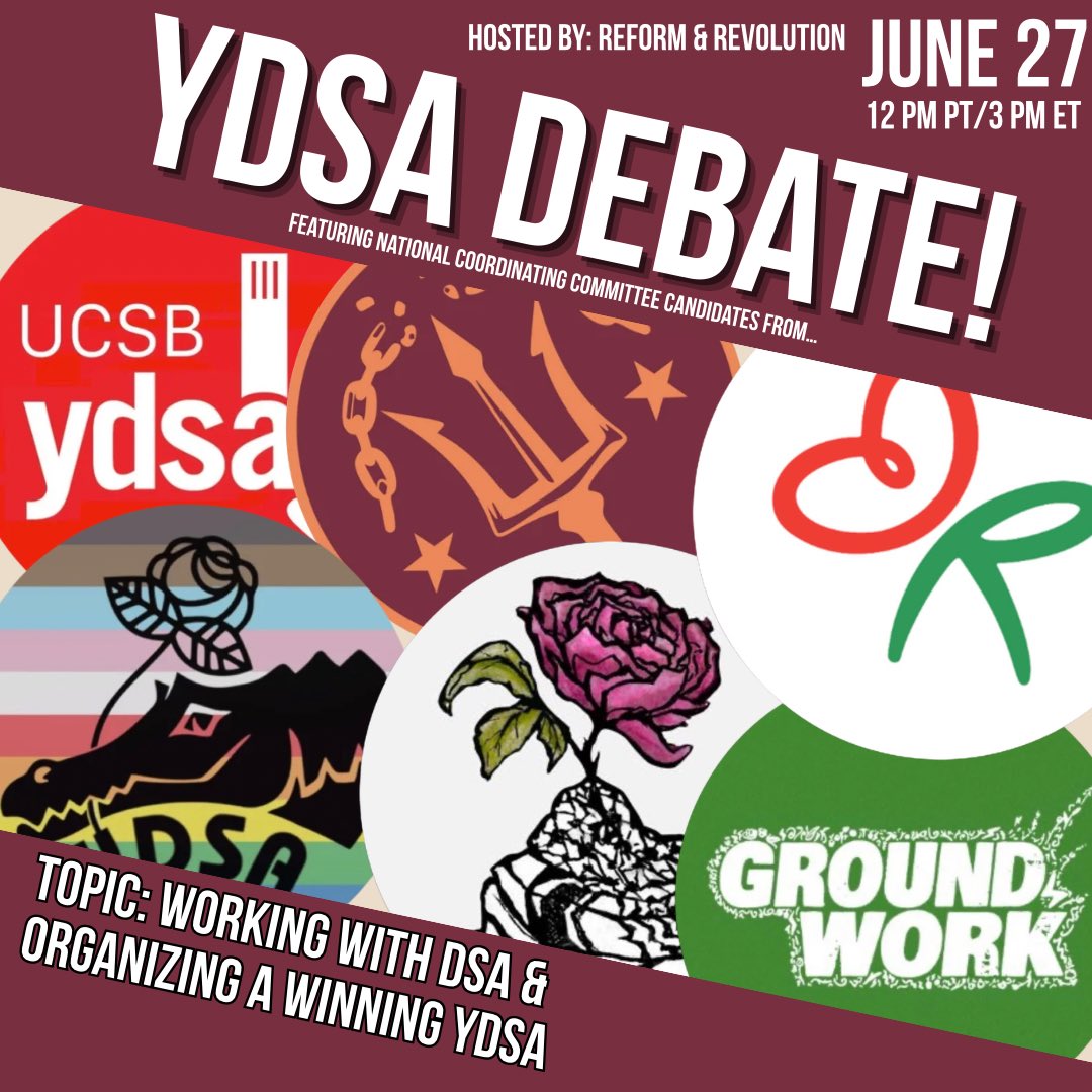 dsaRandR's tweet photo. Don’t miss it! R&amp;R is once again hosting a debate panel in the lead up to YDSA Convention! Join us on June 27 at 12 PM PT/3 PM ET to hear NCC candidates discuss Working With DSA &amp; Organizing A Winning YDSA. RSVP at the link below!

https://t.co/5xCNoLR94R https://t.co/b77nJsMENe