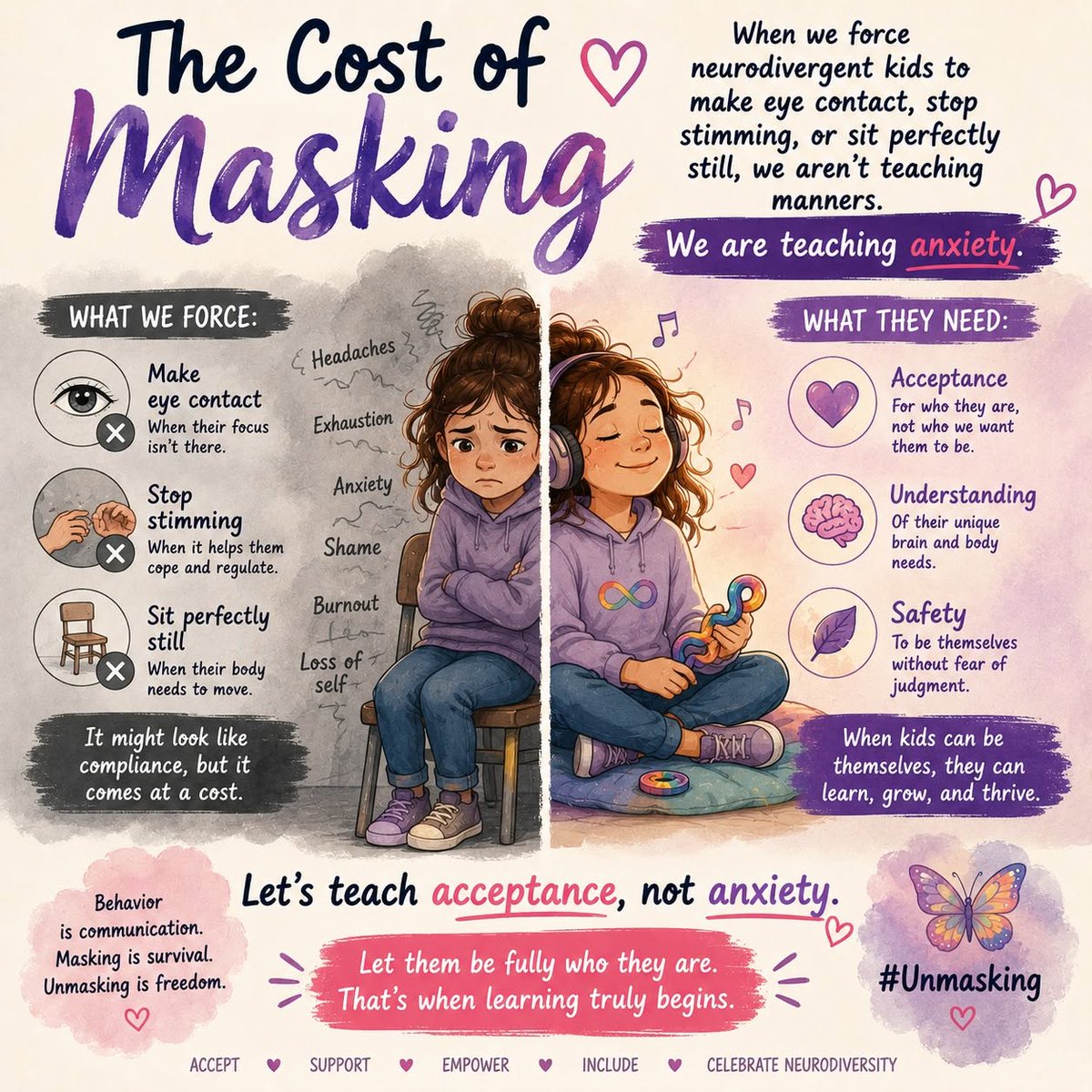 AdeGoHome's tweet photo. The Cost of Masking: When we force neurodivergent kids to make eye contact, stop stimming, or sit perfectly still, we aren't teaching manners. We are teaching anxiety. 

#Unmasking
#InclusionMatters
#dailyspecialeducationquotes
#specialedwithaderele
#specialeducator https://t.co/v5xJqtSxQ1