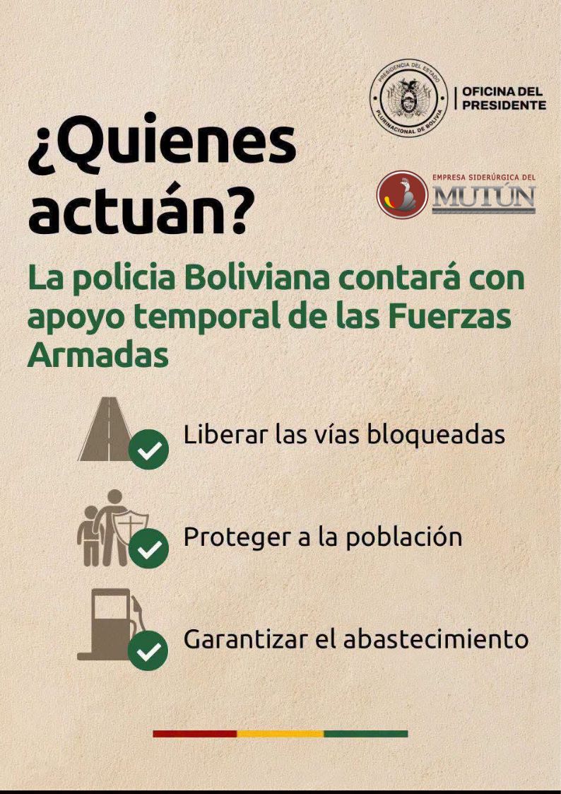 DelMutun's tweet photo. El Estado de Excepción busca proteger a la población, garantizar el libre tránsito y restablecer la normalidad en el país, preservando siempre el orden democrático y la paz social.
#BoliviaParaTodos
#ConfianzaEnBolivia
#EstadoDeExcepción https://t.co/V8Mc5pFj9l