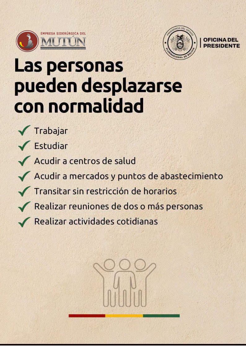 DelMutun's tweet photo. El Estado de Excepción busca proteger a la población, garantizar el libre tránsito y restablecer la normalidad en el país, preservando siempre el orden democrático y la paz social.
#BoliviaParaTodos
#ConfianzaEnBolivia
#EstadoDeExcepción https://t.co/V8Mc5pFj9l