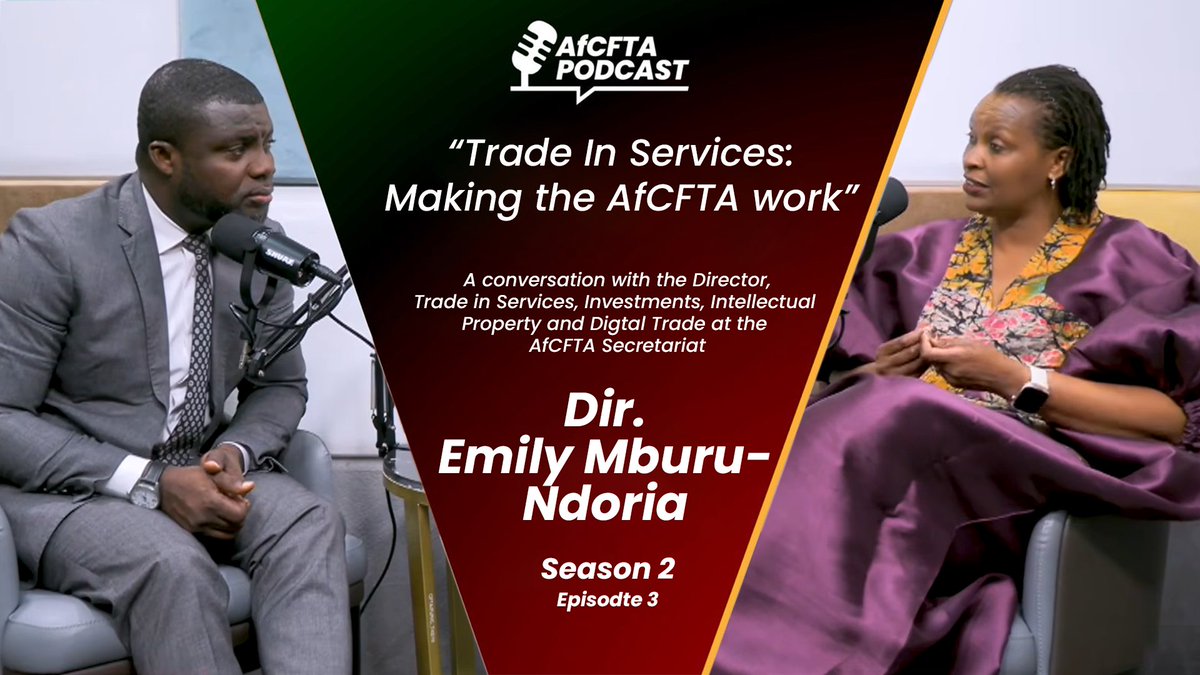 AfCFTA's tweet photo. From consulting and finance to tourism, film, fashion, and digital services, trust is what enables people to do business across borders.

The AfCFTA Protocol on Trade in Services helps ensure that this trust is anchored in a common legal framework and clear rules for cross-border trade in services, creating predictability.

In the latest episode of the #AfCFTAPodcast, Mrs Emily Mburu-Ndoria, Director of Trade in Services, Investment, Digital Trade and Intellectual Property Rights at the AfCFTA Secretariat, explains how the Protocol is creating new opportunities for Africa's service sector while laying the foundation for a more integrated continental market.

▶️ Watch the full episode now:
https://t.co/mCi9wF7ZE7

#TradeInServices #CreatingOneAfricanMarket