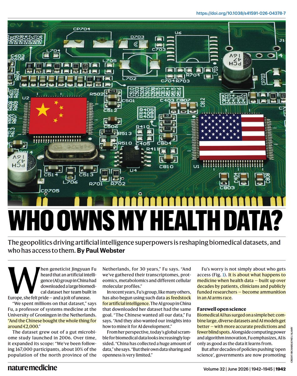 EricTopol's tweet photo. Who owns your health data? It should be you.
The AI arms race is making matters worse.
feature @NatureMedicine 
https://t.co/7hKkmTW6fQ