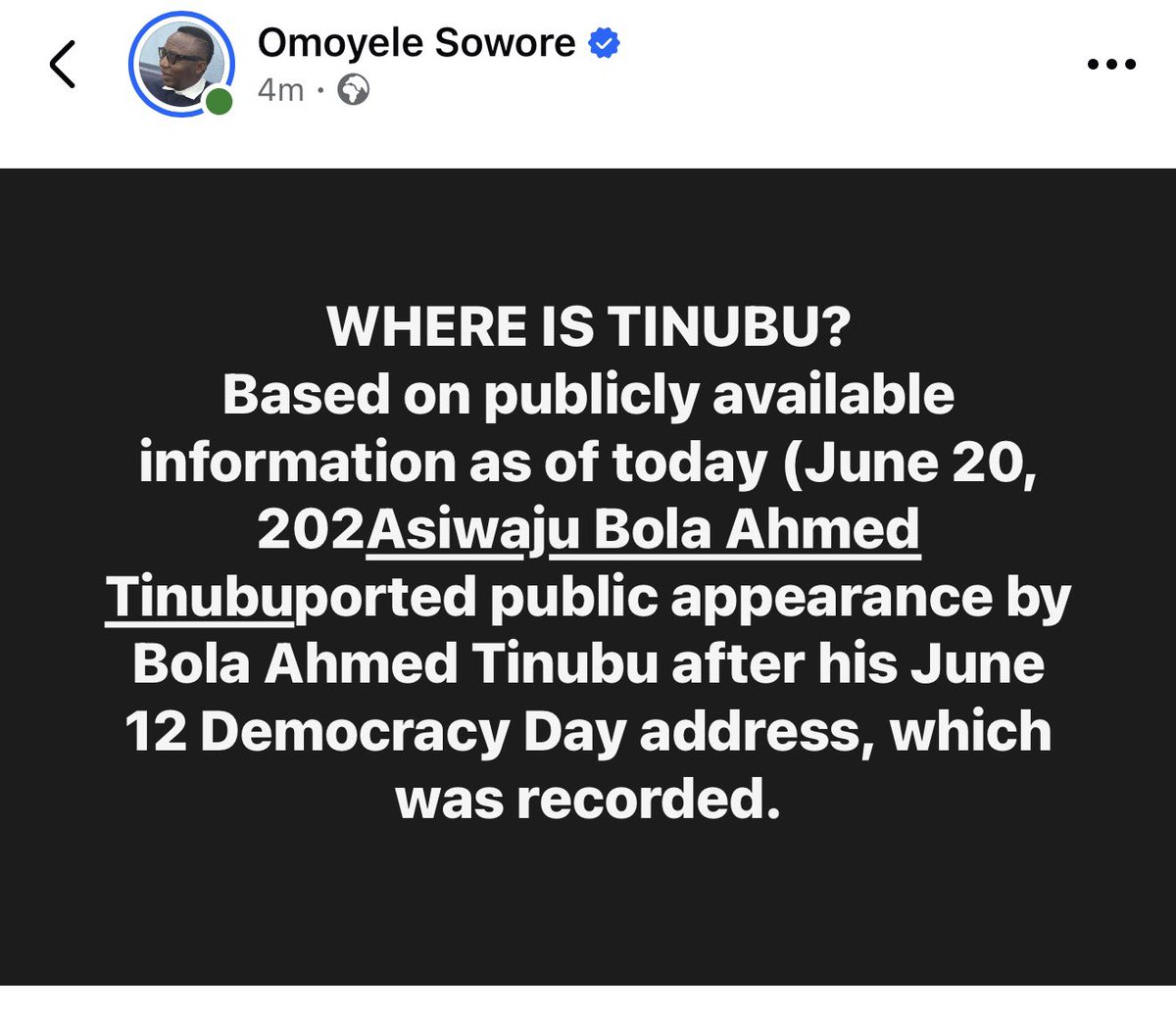 sowore's tweet photo. Based on publicly available information as of today (June 20, 2026), there is no widely reported public appearance by Bola Ahmed Tinubu @officialABAT after his June 12 Democracy Day address, which was pre-recorded. https://t.co/mYYOEJK0cR