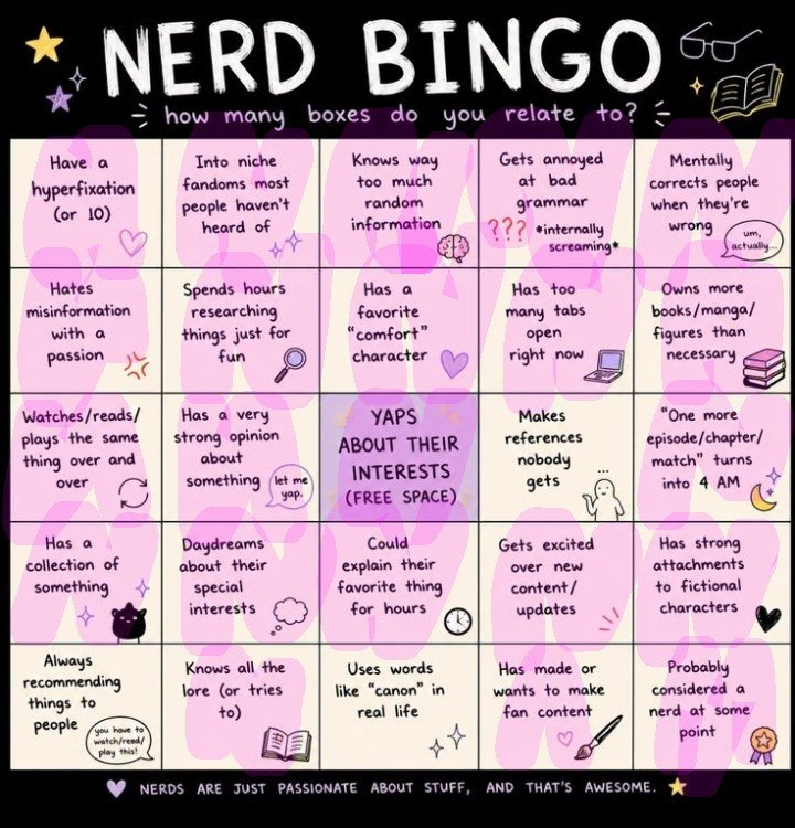 Froggy161's tweet photo. Hehe I love being a nerd, it's so fun to know more random stuff then most people #bingo #nerdy https://t.co/i4XXtrE6zJ