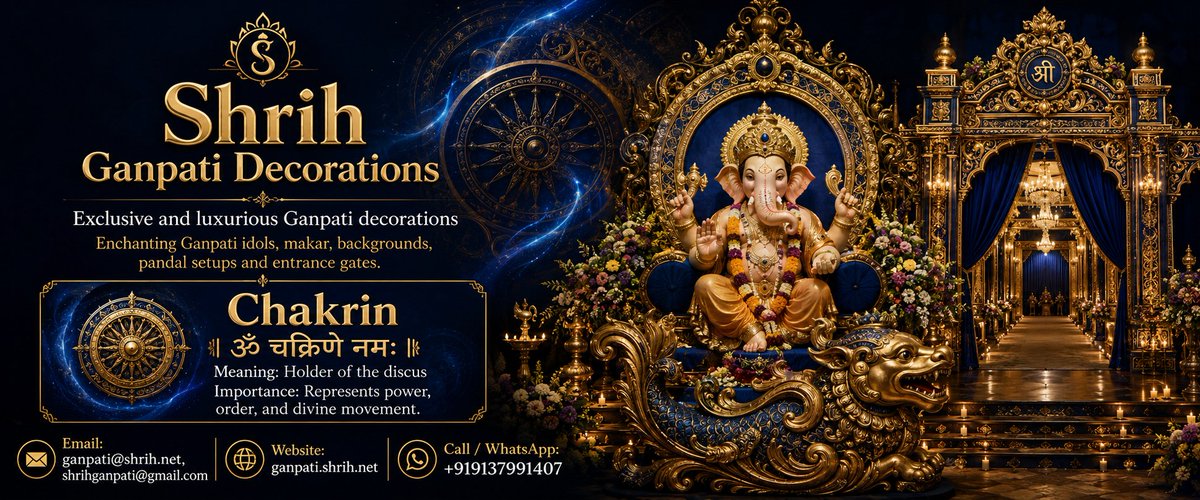 ShrihFESTIVALS's tweet photo. Chakrin Ganpati ✨ Royal blue-gold makar, mandap &amp; gate décor pan-India. WA +919137991407 | https://t.co/dToSASBg0j | ganpati@shrih.net #Ganpati #Pandal #Makar #Decor #Events https://t.co/aJPXQCdRmY