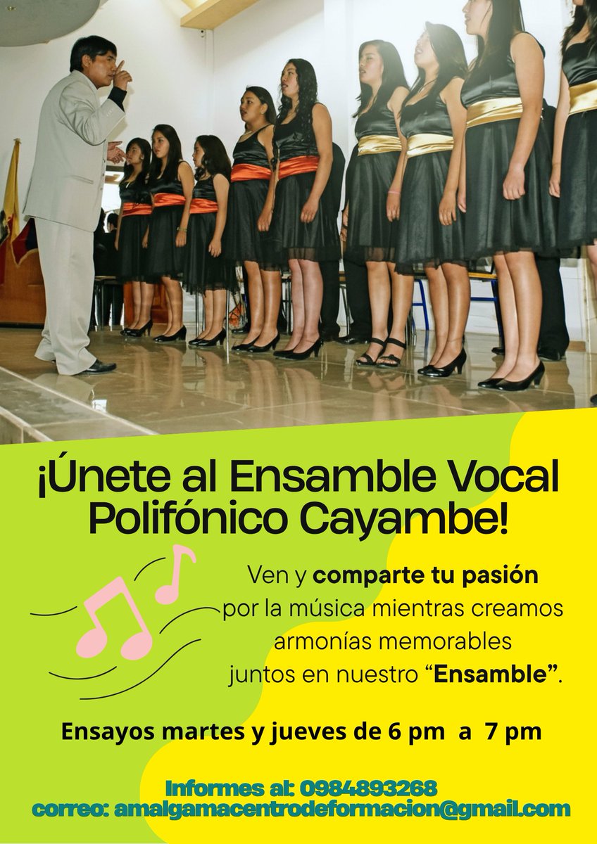 JoseCevallos5's tweet photo. ¡Únete al Ensamble Vocal Polifónico Cayambe!

Informes al: 0984893268
correo: amalgamacentrodeformacion@gmail.com

Ensayos los dias martes y jueves de 6H00 pm a 19H30pm https://t.co/eyK433lAoH